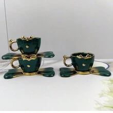 1 Conjunto Taza De Café Y Platillo De Cerámica Impresa Con Mariposas Con Diseño Hecho A Mano Y Revestimiento Dorado Electrolítico, Elegante Conjunto De Tazas De Té Y Café Con Capacidad Para 110ml En Color Verde Oscuro - Verde Oscuro - Ver 5