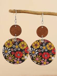1 Paar Modische Ohrringe Mit Holzoptik, Runde Anhänger, Herbststil