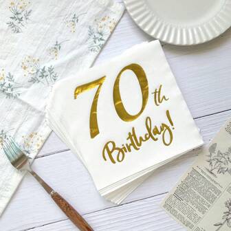 20pcs 70th Birthday Party Disposable Napkins With Gold Foil Stamping, Made Of 100% Natural Wood Pulp, Ideal For Hotel, Restaurant, Bar, Dining Table