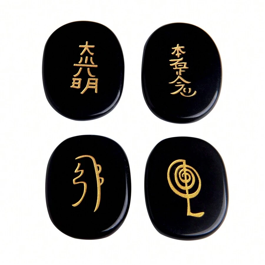 4 Peças De Pedra Obsidiana Gravada Pedras De Chakra Pedra De Palma Equilíbrio Reiki