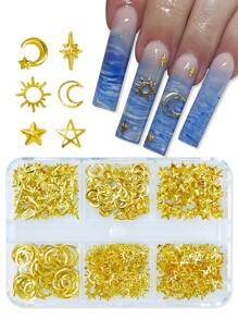 Star Moon Nail Art Kim loại lấp lánh Đinh tán Móng tay Trang trí Bùa chú Gel Ba Lan Làm móng tay Phụ kiện trang sức Mặt trăng Sao mặt trời hình DIY Nail Đá quý Đồ dùng làm móng - Vàng - Xem 5