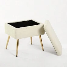 Furnistyle Autumn Ivory White Sherpa Makeup Vanity Stool Chair with Storage, Fur Bench Ottoman Living, Accent Stool Storage Ottoman Living, Tufted Upholstered Footstool with Chic Metal Legs for Makeup Beauty Room, Livingroom and Bedroom, Entryway Bench