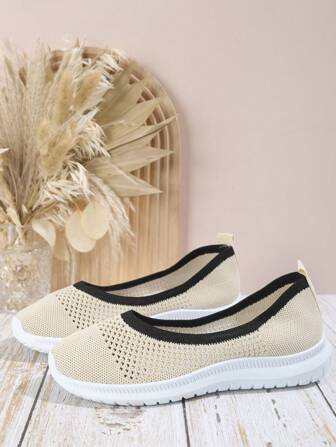 Plus Size Women's Casual Shoes, Beige Hollow Out Elastic Mesh Upper, Black Collar, Round Toe, Easy Slip-On, Flat, Slip-Resistant, Slip-On Sports Sneakers, Suitable For Outdoor Hiking And Sports