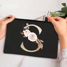 便攜式女士字母花卉化妝包 - 黑色 - 查看 1