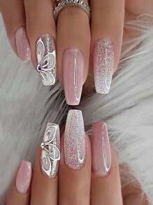 24 uñas postizas decoradas con mariposas de color rosa ombre y con brillos y rhinestone, con uñas de aplicación a presión removibles para las puntas de los dedos - Rosa - Ver 1