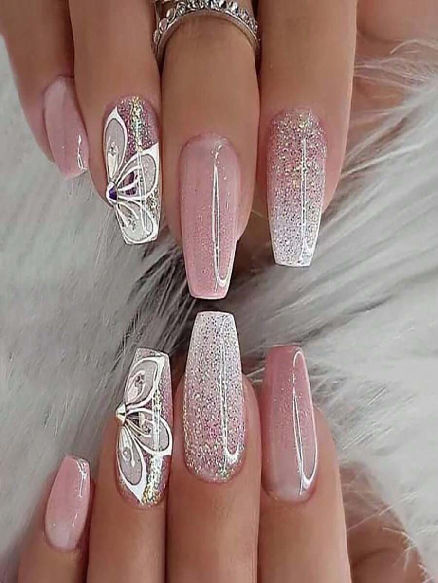24 uñas postizas decoradas con mariposas de color rosa ombre y con brillos y rhinestone, con uñas de aplicación a presión removibles para las puntas de los dedos - Rosa - Ver 1