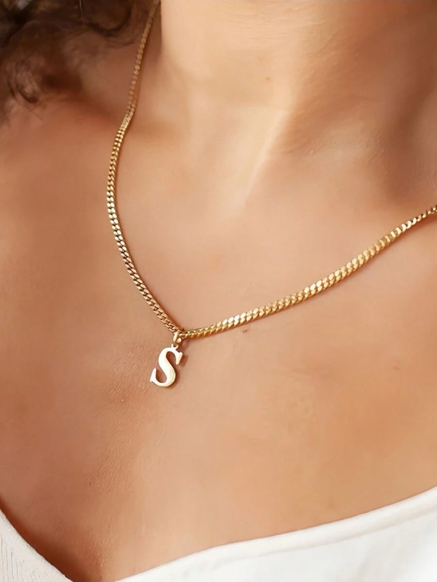 1Pc Stainless Steel Initial Necklace DIY Letter Pendant Necklace Name Customized Gift A-Z for Women - Gold - View 1