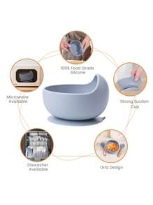 3入組嬰兒餵食餐具套裝 - 帶有吸盤底的矽膠碗和木柄匙叉，易於清潔，適用於日常使用和戶外活動的兒童餐具 - 霧霾藍 - 查看 8