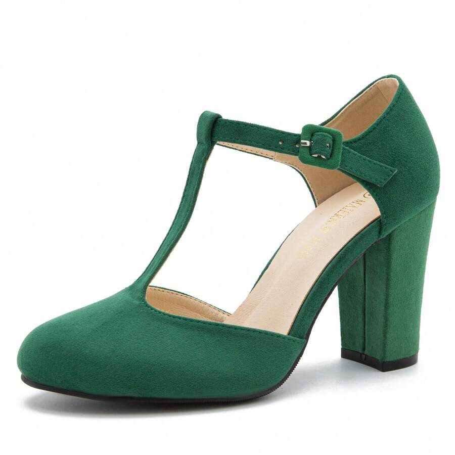 Women's T-Strap Block Chunky Heel Mary Jane Pumps Cut Out Wedding Dress Shoes - Green - View 1