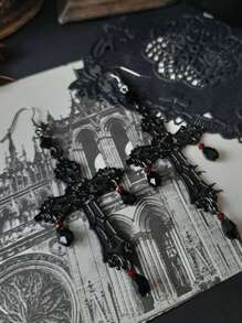 1對歐美新哥特風格天使十字耳環,萬聖節時尚復古吊飾耳環適用於女性 - 黑色 - 查看 2