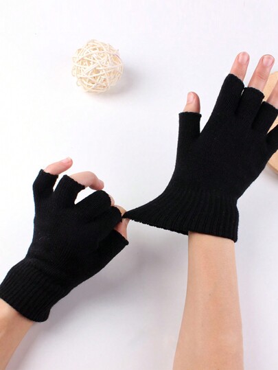 1pair Men's Solid Color Warm Half Finger Gloves With Exposed Fingers For Autumn And Winter