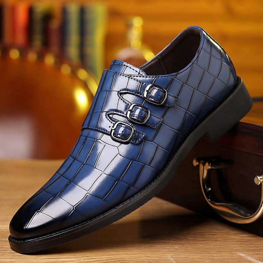 1 Pair Men's Fashionable Pointed Toe Plaid Casual Dress Shoes - Blue - View 1