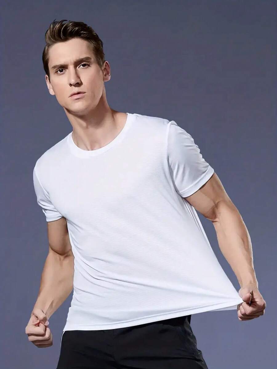 Boyfriend Style Men's Loose Fit Plaid Knit Short Sleeve Gym Shirt, Quick Dry Fitness T-Shirt, Moisture Wicking Sports Top, Running Fitness Round Neck T-Shirt Gym Clothes Boyfriend Style Men Basic T Shirt