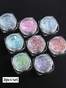 Iridescent Nail Glitter Powder Set, 8Pcs Mermaid Nail Art Glitter Kit, Blue Violet Mermaid Sequins, Crystal Fire Opal Flakes, Holografic Nail Pigment For Manicure DIY Nail Charms Nail Gems Nail Supplies - Multicolor - View 2