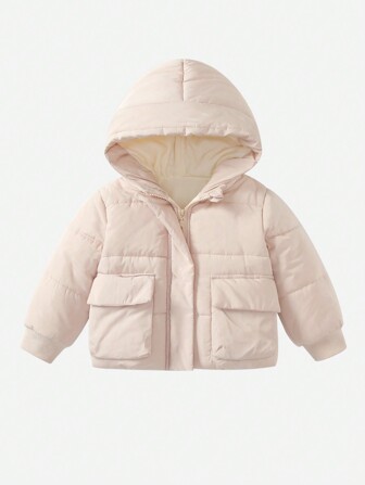 Thickened Fleece Baby Girls' Hooded Zipper Coat, Pink, For Autumn And Winter