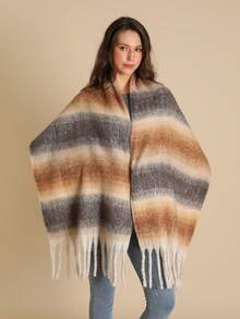 1 chiếc khăn choàng kẻ sọc cashmere giả dày ấm áp dành cho nữ có tua rua cỡ lớn, thời trang dạo phố mềm mại thoải mái khi đi du lịch và sử dụng hàng ngày, mùa thu/đông - Màu Khaki - Xem 3