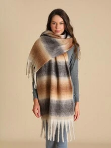 1 chiếc khăn choàng kẻ sọc cashmere giả dày ấm áp dành cho nữ có tua rua cỡ lớn, thời trang dạo phố mềm mại thoải mái khi đi du lịch và sử dụng hàng ngày, mùa thu/đông - Màu Khaki - Xem 2