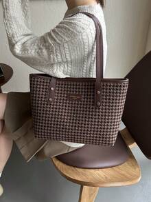 Large Capacity Minimalist Plaid Tote Bag With Rivet Trim For Women - Coffee Brown - View 6