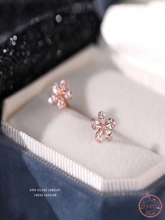 1pair Korean Simple Style Cubic Zirconia Flower Design 999 Sterling Silver Stud Earrings For Women, Elegant Jewelry Accessory Valentines