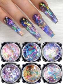 彩虹色镀铬指甲粉，6 盒水晶火蛋白石薄片用于美甲，全息大块闪光美人鱼亮片，变色龙薄片套装，冰极光玻璃纸美甲亮片装饰 DIY 指甲饰品指甲宝石美甲用品 - 彩色 - 查看 1