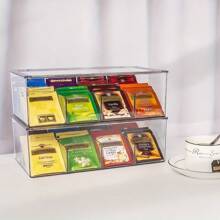 1pc Tea Bag Organizer Box With Lid, Transparent Acrylic Storage Container With Removable Dividers, For Cabinet And Countertop - White - View 2