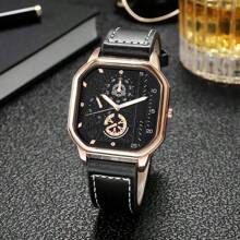 1pc Men's Pu Leather Strap Rose Gold Color Square Dial Quartz Watch - Rose Gold - View 3