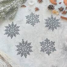 12 件圣诞白色雪花饰品塑料闪光雪花饰品适用于冬季圣诞树装饰尺寸各异的工艺雪花，圣诞节 - 灑金銀色 - 查看 5