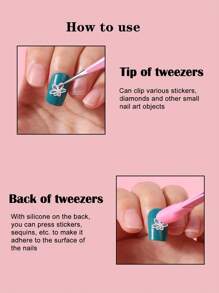 klimonla 1个多功能双头美甲镊子，带硅胶按压棒，可用于夹取水钻和美甲贴纸，孔雀图案直夹，硅胶手柄，美甲用品，美甲工具，美甲艺术工具，返校季，美甲，美甲工具（适用于按压式美甲贴片） - 粉色 - 查看 3