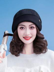 黑色帽檐貝雷帽-短卷髮-深棕色人造假髮 - 酒紅色 - 查看 3