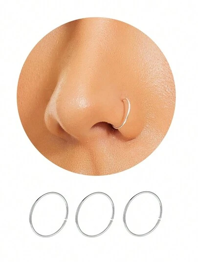 3Pcs Silver Nose Rings Hoops for Women/Men, 22 Gauge 8mm Small Thin Nose Piercing Jewelry,Tiny Septum Cartilage Helix Tragus Earrings Hoops