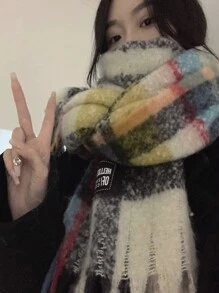 1件装女士多色涤纶油画格纹围巾，带流苏，个性时尚冬季配饰 - 彩色 - 查看 1