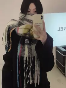 1件装女士多色涤纶油画格纹围巾，带流苏，个性时尚冬季配饰 - 彩色 - 查看 2