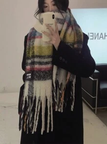 1件装女士多色涤纶油画格纹围巾，带流苏，个性时尚冬季配饰 - 彩色 - 查看 3