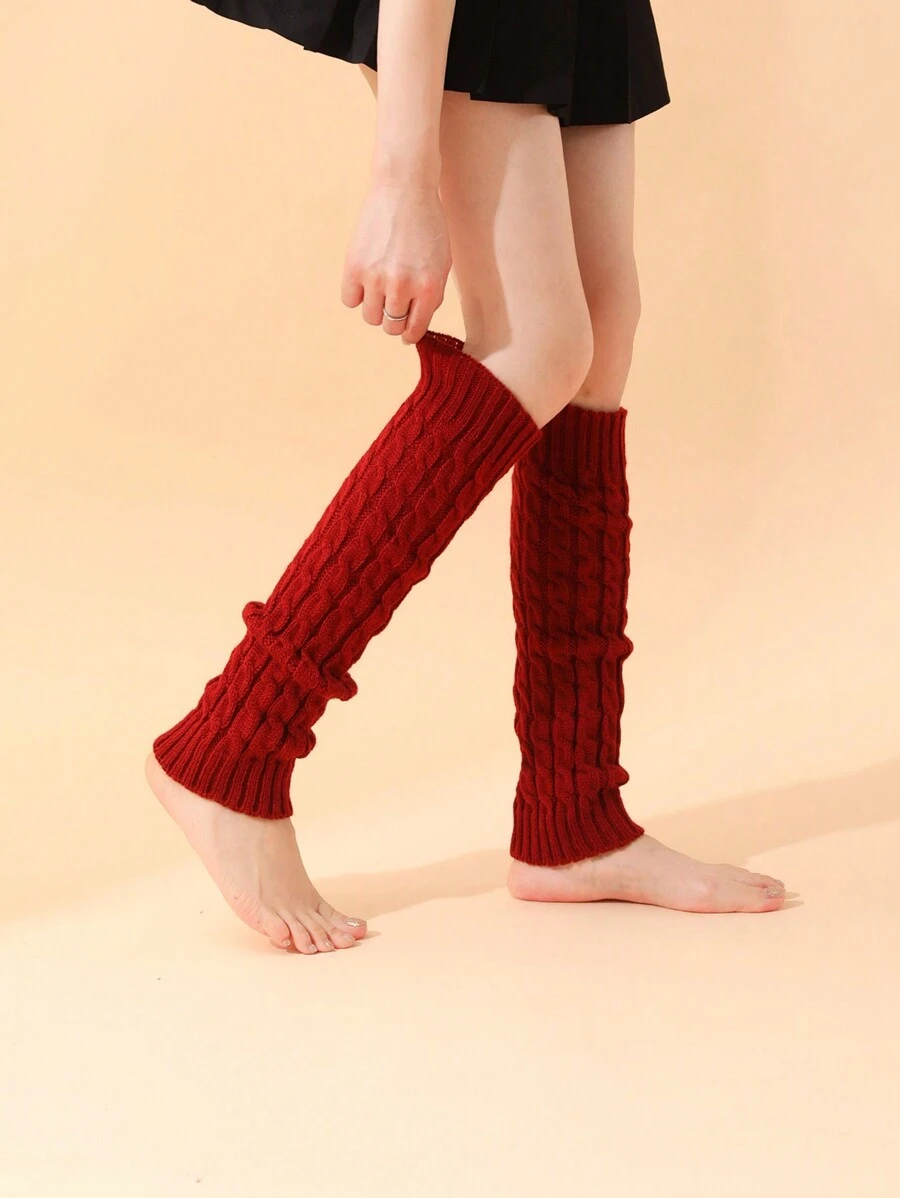 韓式冬季紅色纜線扭結袜襪腿套 - 紅色 - 查看 1
