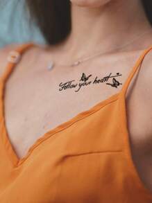 1-2 Sheets Of Waterproof, Sweat-Proof, Washable Temporary Tattoo Stickers With Butterfly Sounds, Ins Style Life Quotes, Suitable For Sticking On The Collarbone And Arm - Black - View 5