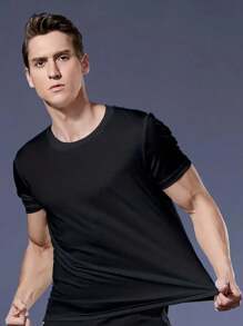 男士寬鬆編織短袖健身衫,快乾運動健身t恤,透氣排汗運動服上衣,跑步運動船領t恤健身服基礎t恤