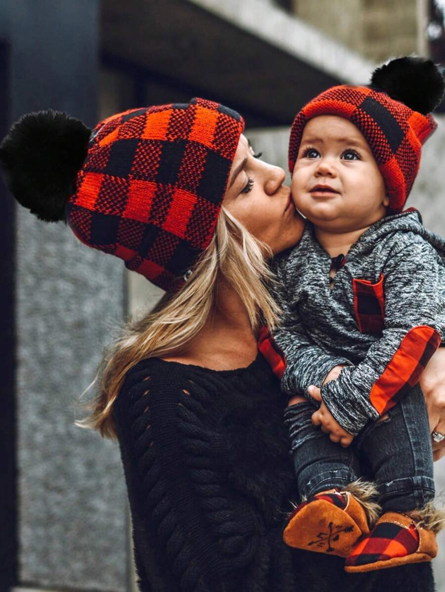 2 Pcs Christmas Parent Child Hats Christmas Knitted Caps Warm Beanie Hat Winter Mother Kids Matching Hat Santa Hat with Pom Pom for Adult Baby