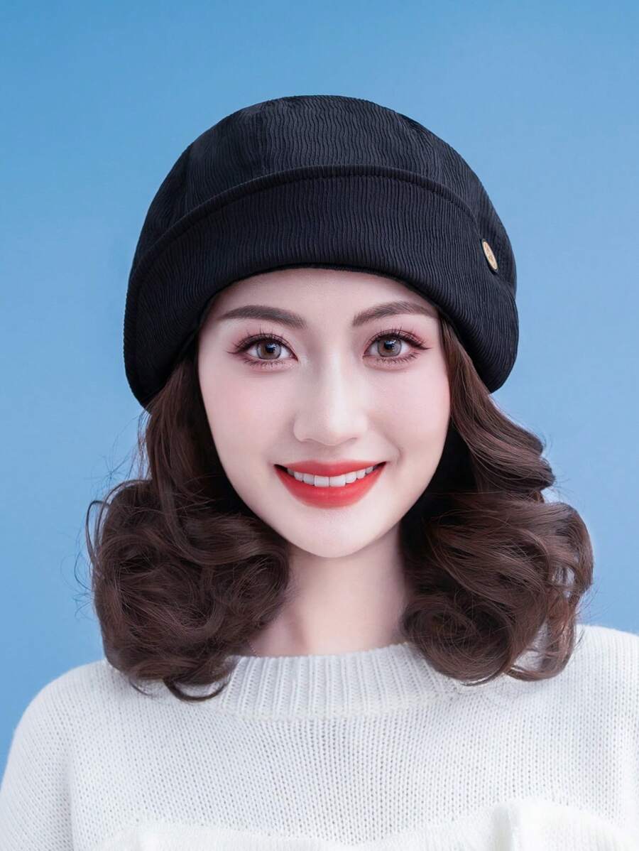 黑色帽檐貝雷帽-短卷髮-深棕色人造假髮 - 酒紅色 - 查看 1