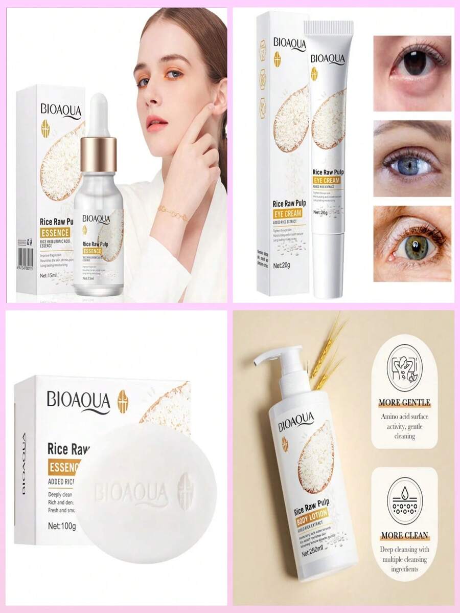 Kit Cuidado Facial Bioaqua Arroz White Rice Jabon Arroz Aclarante + Crema Contorno De Ojos Ojera + Crema Corporal Arroz+ Serum Arroz Skin Care Blanqueador Piel - Unitalla - Ver 1