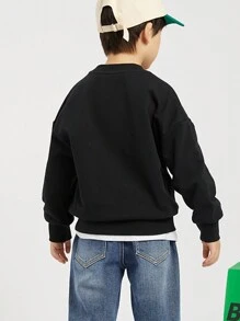 Boys' Stylish Printed Sweatshirt With Round Neckline For Casual Streetwear, Autumn And Winter - Black - View 6