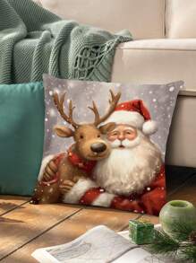 1入組可愛聖誕老人和馴鹿有圖案的亚麻枕套(不附帶枕頭),45cm*45cm/17.72,單面圖案,拉鏈式閉合,柔軟的和舒服的適用於裝飾軟墊,合適的適用於聖誕節日 - 彩色 - 查看 1