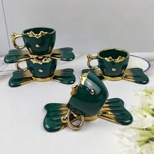 1 Conjunto Taza De Café Y Platillo De Cerámica Impresa Con Mariposas Con Diseño Hecho A Mano Y Revestimiento Dorado Electrolítico, Elegante Conjunto De Tazas De Té Y Café Con Capacidad Para 110ml En Color Verde Oscuro - Verde Oscuro - Ver 1