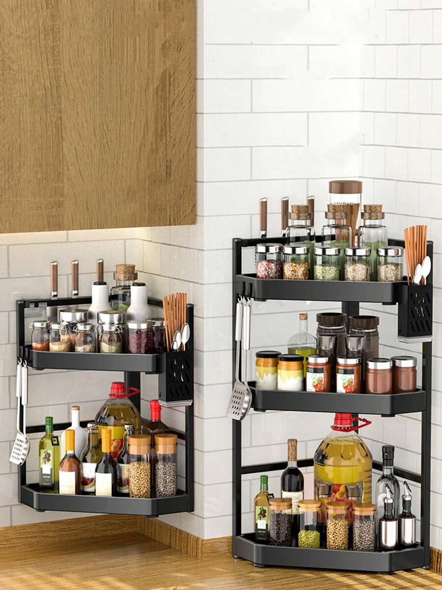 1pc Iron Kitchen Storage Rack, Corner Triangle Shelf, Multi-layer Shelving For Cooking Utensils And Condiments, Suitable For Keeping Your Kitchen Tidy And Clean With Storage Hooks - Black/with hook - View 1