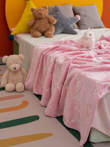 Pink Star & Heart Pattern Blanket, Glow In The Dark Flannel Throw Blanket, Ideal For Kids' Nap/bedtime/camping/car/beach, Skin-friendly & Comfortable, Perfect Gift For Girls
