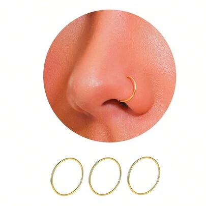 3Pcs 14K Gold Plated Nose Rings Hoops for Women/Men, 22 Gauge 8mm Small Thin Nose Piercing Jewelry,Tiny Septum Cartilage Helix Tragus Earrings Hoops