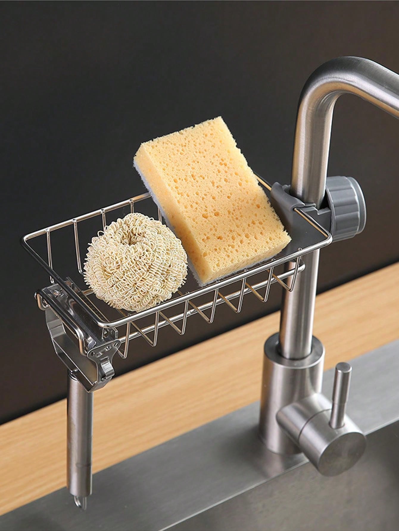 Stainless Steel Faucet Storage Rack With Basket, Sponge Drain Rack