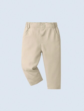 Baby Boy Apricot Elastic Waistband Solid Loose-fit Pants, Fashionable And Comfortable For Daily Wear In Spring And Autumn
