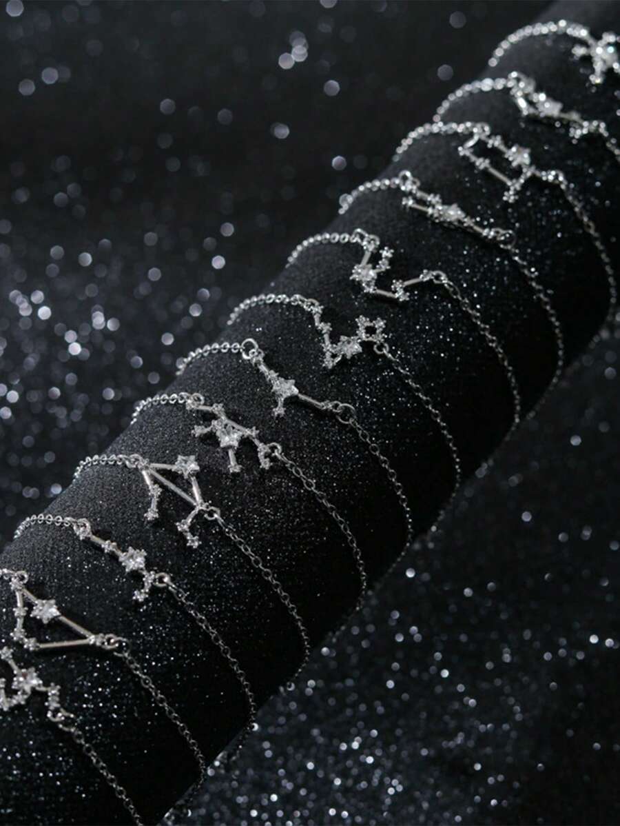 1 Piece Retro Silver Color Bling CZ Zirconia Crystal Zodiac Sign Chain Bracelet For Women Gift - Multicolor - View 1