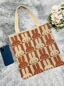 可愛兔子印花鉤針編織袋,可愛卡通針織單肩包,大容量流浪手提包,女性兔子印花休閒手提包和購物袋,可愛兔子圖案鉤針編織袋,時尚編織單肩包,女性輕便通勤者手提包,兔子圖案鉤針編織袋,針織手提包,文學夏季沙灘旅行包 - 駝色 - 查看 5