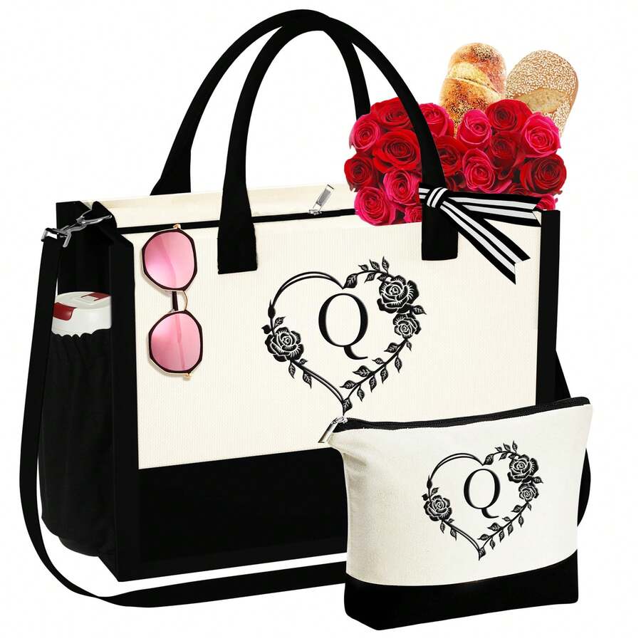 Personalized Tote Bag for Women Monogrammed Travel Beach Bag With Zipper Makeup Pouch Canvas Tote Bag with Make up Bag Gifts for Women Girls - Q - 查看 1